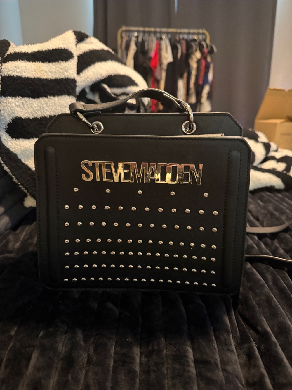 Steve Madden Black Studded Top-Handle Mini Bag with Gold Logo